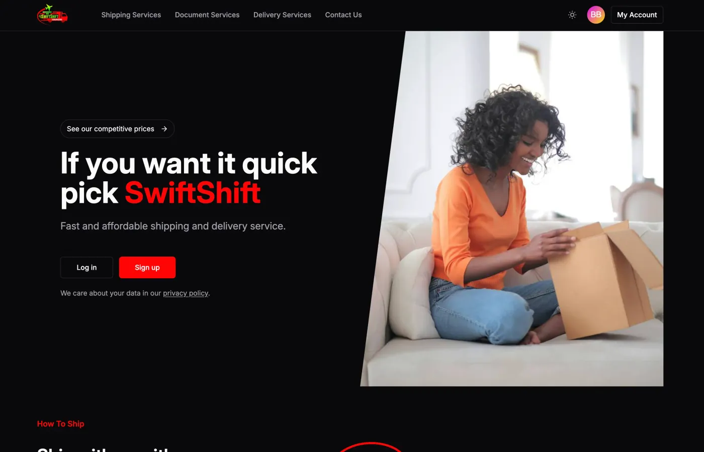 Screenshot preview of the SwiftShift Courier website homepage.