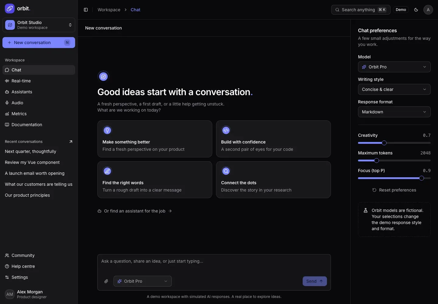 The Orbit AI workspace in dark mode: a sidebar of recent conversations, a “Good ideas start with a conversation” prompt screen with four suggestions, and a chat preferences panel.