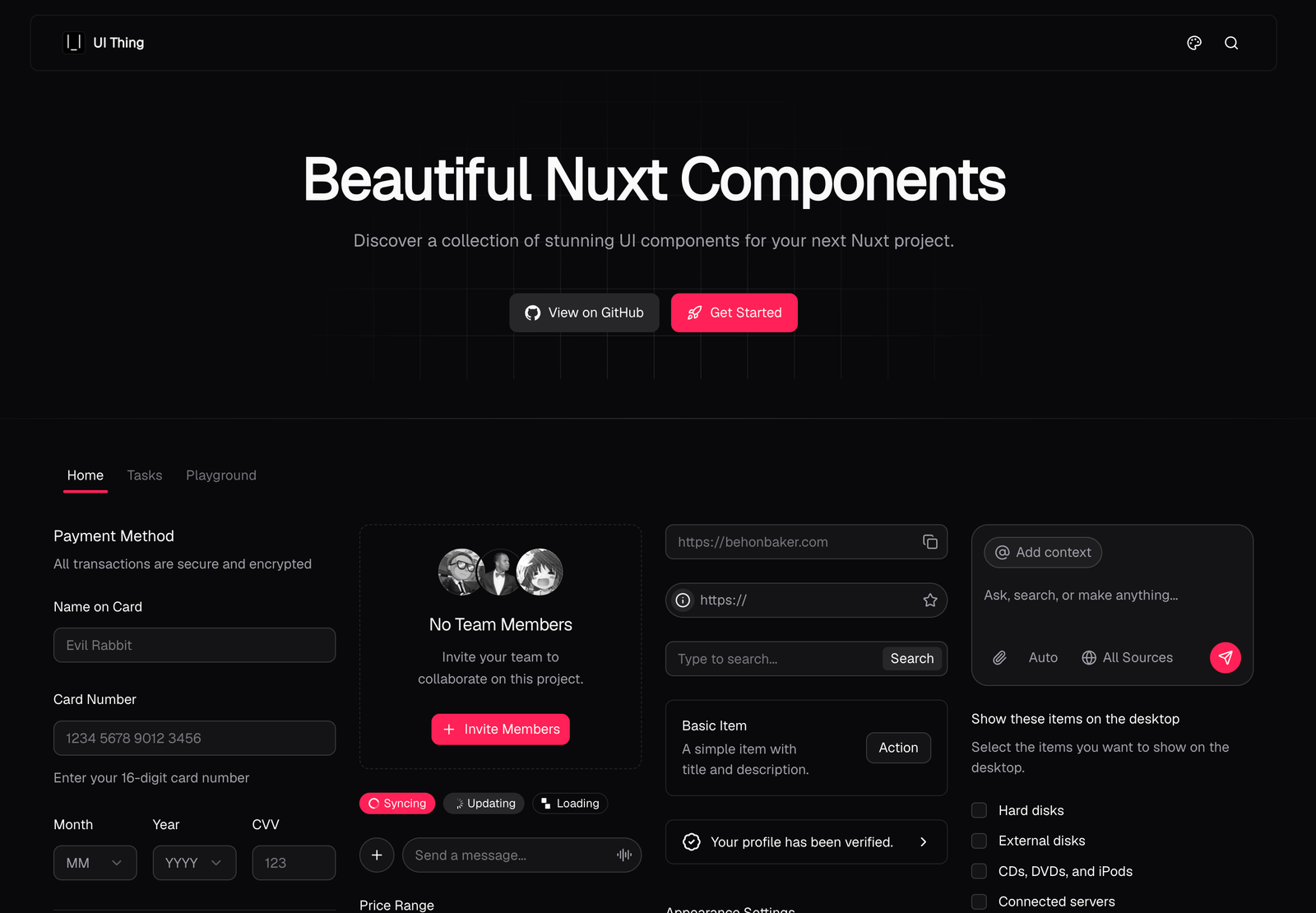 The UI Thing website: a hero reading “Beautiful Nuxt Components” above a grid of form and interface components.