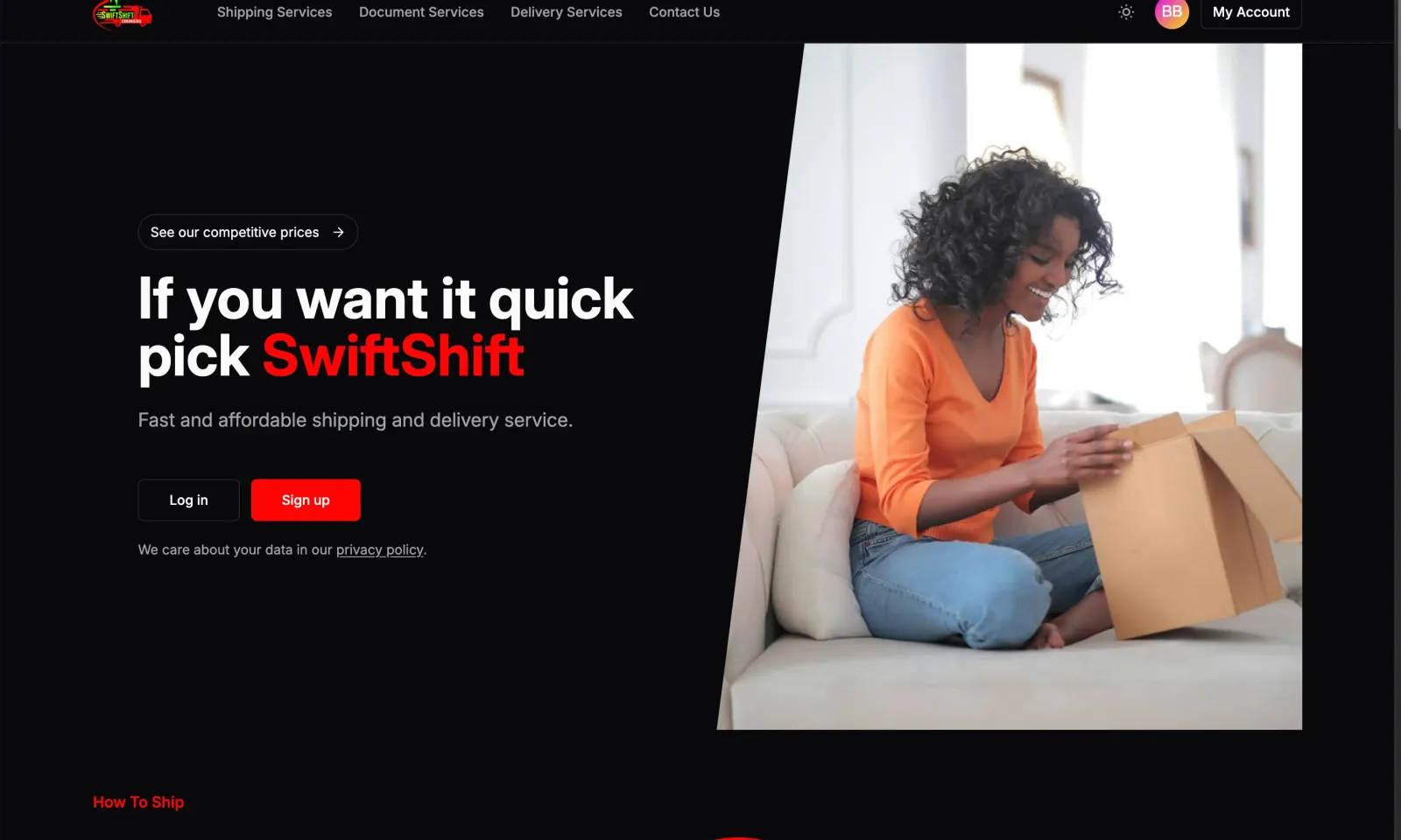 Screenshot preview of the SwiftShift Courier website homepage.
